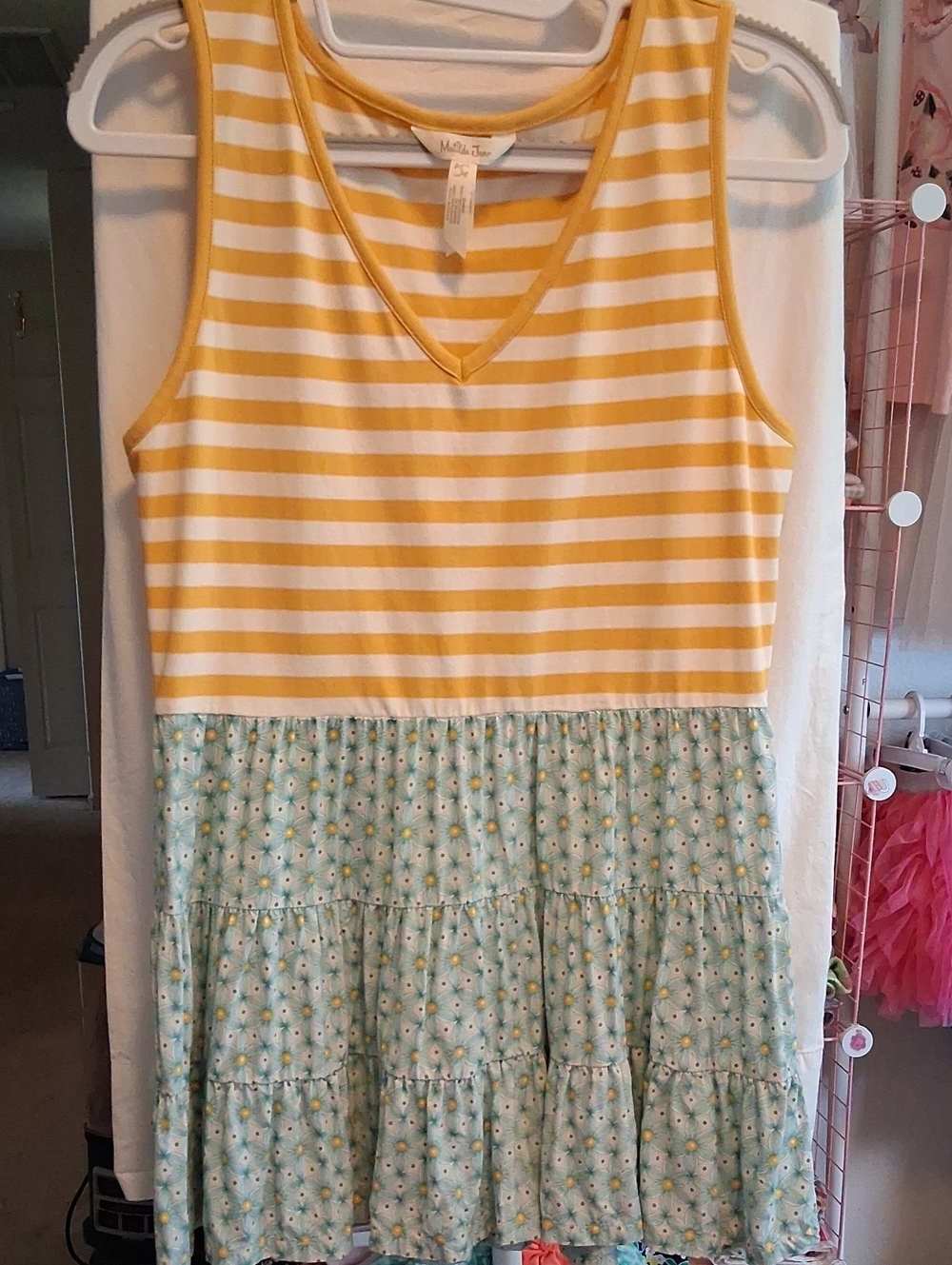 Matilda Jane Yellow and White Striped V-Neck Tank Top With Floral Skirt.